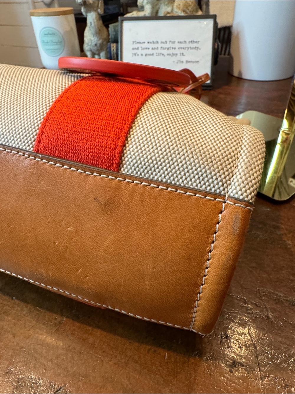 Tory Burch Canvas Tote with Red Straps and oversized Charm - Picture 9 of 13